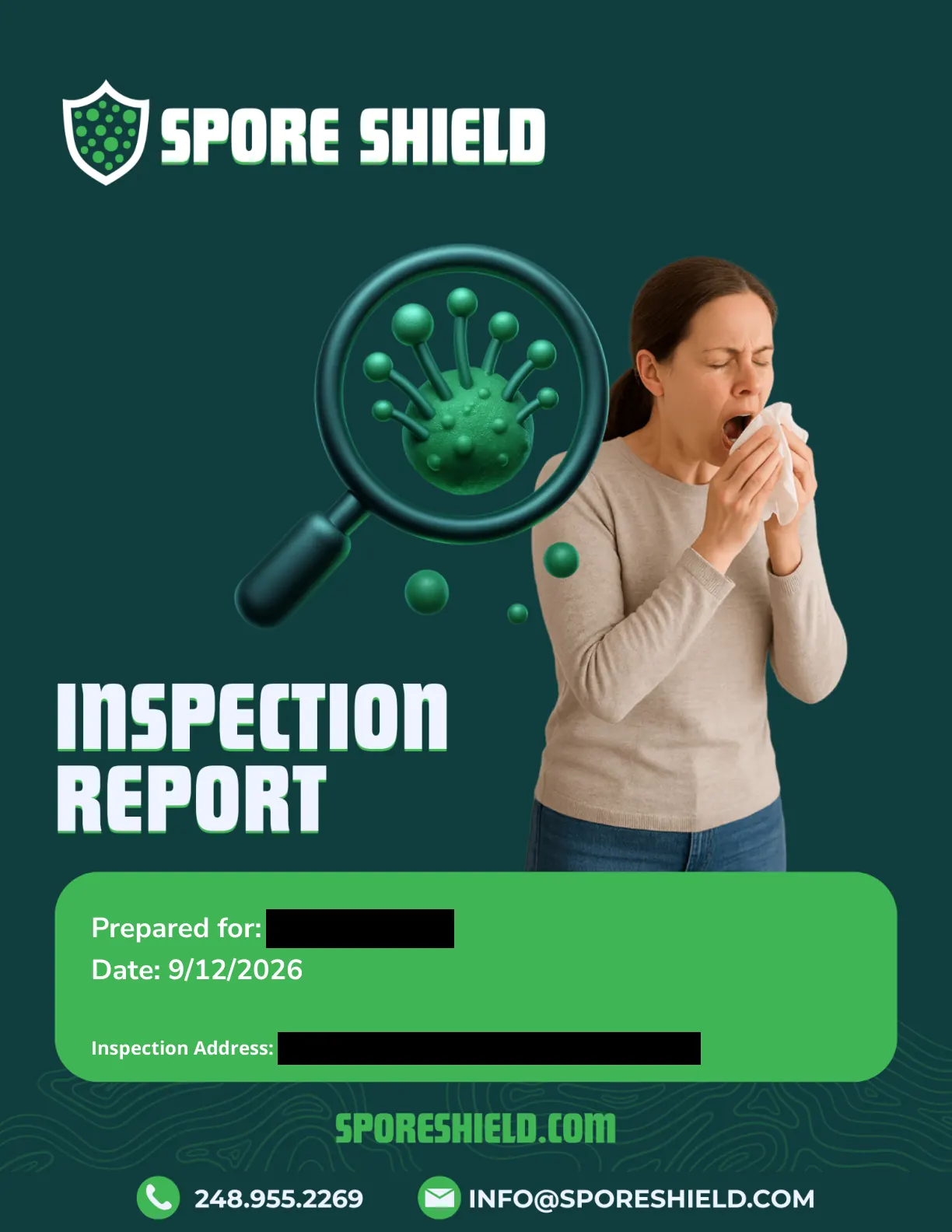 Cover page of a redacted Spore Shield mold inspection report